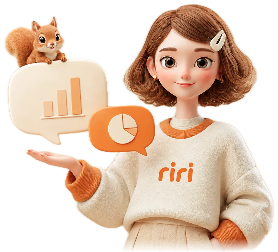 riri（経理担当）と相棒のリスが、数字の吹き出しを差し出している